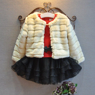 冬装新款童装韩版女童米色仿皮草短款外套中童儿童高仿兔毛毛大衣