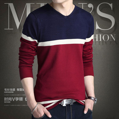 2016秋装新款男士韩版修身毛衣青年男装长袖T恤薄款V领条纹针织衫