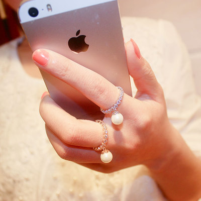 新款贝珠戒指个性锆石珍珠吊坠戒指满钻指环时尚百搭装饰配饰品女