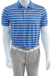 品牌男士短袖翻领衫短袖T恤纯棉（丝光棉）浅紫蓝色横条中年半袖
