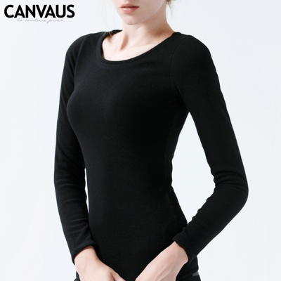 CANVAUS卡恩希秋冬修身黑色保暖加绒加厚打底衫女士长袖T恤F530A