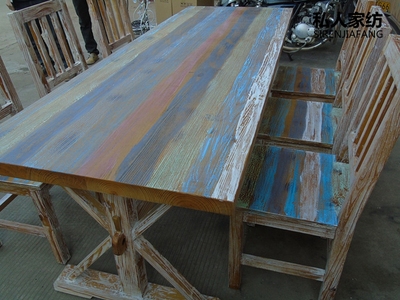 地中海彩绘餐桌椅实木酒吧桌复古怀旧咖啡桌子做旧工作台美式大桌