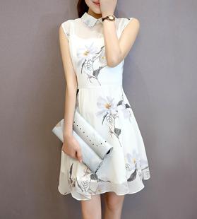 2015韩版夏季新款印花时尚收腰修身无袖雪纺连衣裙中长款假两件套