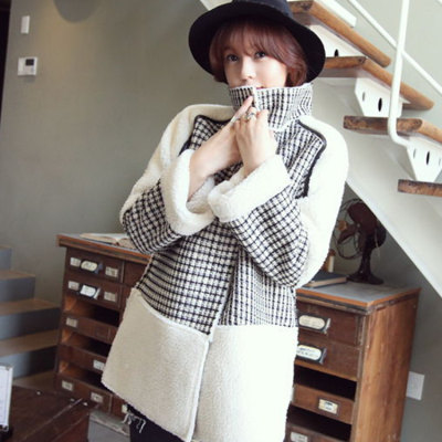2015冬季新款时尚个性千鸟格小香风中长款高领羊羔毛呢大衣外套