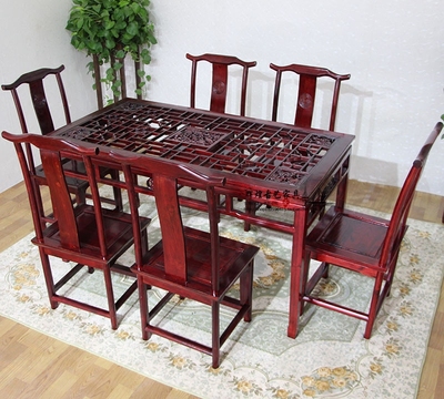 中式仿古实木镂空餐桌 餐桌 雕花格子餐桌椅 明清榆木家具