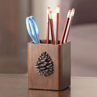 美式松果实木笔筒创意时尚多功能木质办公书房用品摆件桌面收纳盒