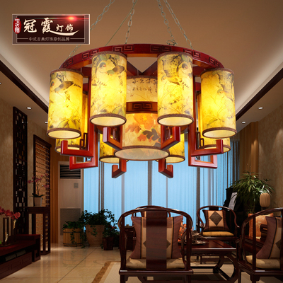 新中式古典木艺吊灯 中国风水墨画羊皮吊灯 豪华客厅餐厅茶楼灯具