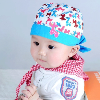 包邮婴儿海盗帽0-1岁春 宝宝头巾纯棉后系带帽子卡通小木马套头帽
