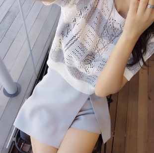 夏季新款韩版简约百搭修身显瘦短款条纹镂空短袖针织衫上衣女
