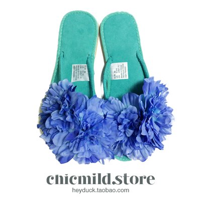 CHICMILD起妙贩卖2016绚丽蓝绿色大花朵人字拖凉鞋显白挡脚趾女鞋