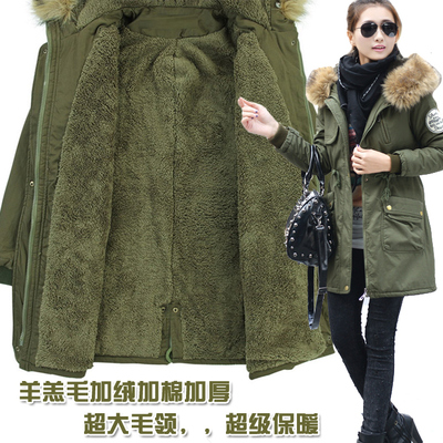 2015冬装新款欧美军绿大衣保暖加绒加厚棉衣中长款修身棉服外套女