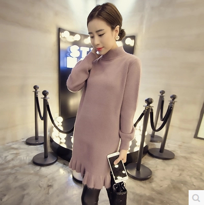 1217 2015冬装新款韩版中长款半高领毛衣修身显瘦套头针织衫女