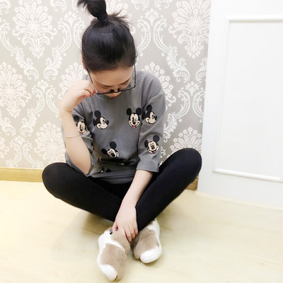东大门2016新品韩版米奇图案加厚打底衫七分袖中长款直筒T恤女装
