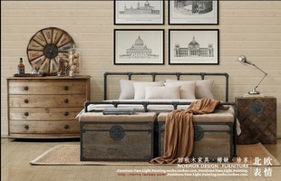 美式乡村铁艺床 创意水管接头铁艺床 1.8米床 实木换鞋凳床头柜