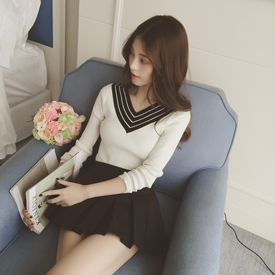 2015秋装新款韩国修身百搭显瘦V领长袖学生时尚打底套头针织衫女