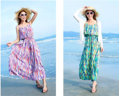 2015夏季旅游出行必备款 波西米亚修身显瘦 雪纺圆领吊带沙滩裙