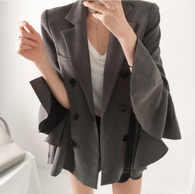 韩版2016秋季新款优雅气质修身显瘦荷叶袖小西装外套女