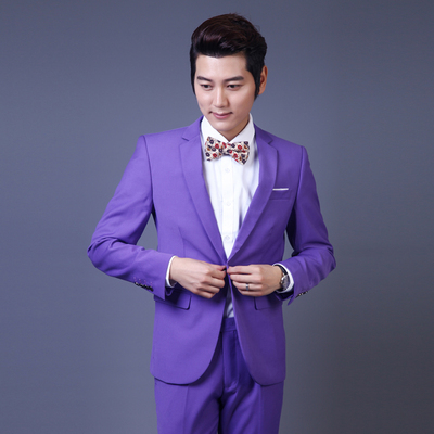 2015秋冬季新款韩版修身西装男士休闲西服套装纯色婚礼商务二件套