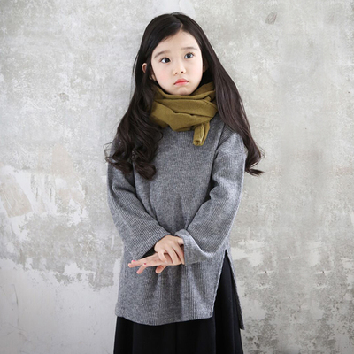 韩国童装秋2015母女装秋冬开叉毛衣长袖T恤韩版中长款套头针织衫