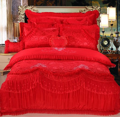 专柜婚庆大红四六件套大红刺绣婚庆结婚床上用品套件高档