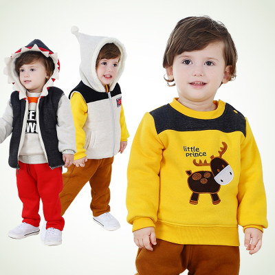 婴儿加厚棉袄潮宝宝冬装1-2-3岁男童加绒卫衣三件套儿童棉衣套装
