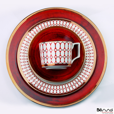 出口英国W牌高档奢华骨瓷西餐具牛排盘咖啡杯碟组-文艺复兴经典红