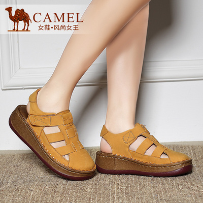 Camel/骆驼女鞋2015夏季新款女鞋牛皮魔术贴休闲鞋坡跟包头女凉鞋
