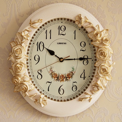 欧式客厅静音挂钟创意艺术时钟个性椭圆形装饰墙钟田园简约黄钟表