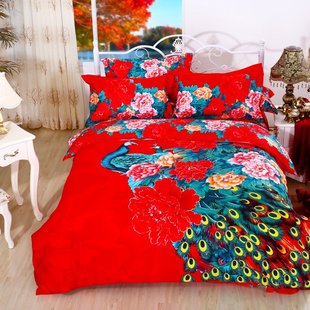 全棉四件套纯棉田园风大版印花大红孔雀被套床单双人婚庆床上用品