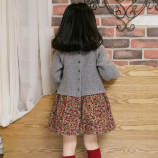 韩国女童冬款连衣裙长袖加厚裙子童装拼接假两件碎花裙宝宝新年装