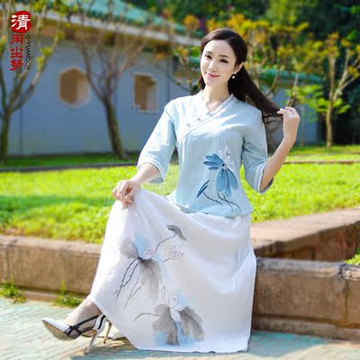 2016春装新款女装中国风两件套 短款修身纯色中袖唐装女上衣套装