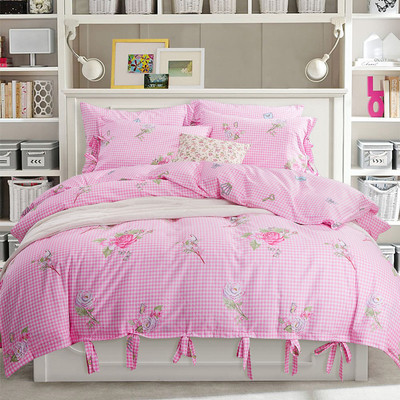 四件套田园玫瑰花朵床上用品床单被套绑带式 韩式公主粉格子女孩
