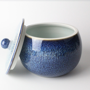 2015年夏新品特卖景德镇陶瓷全手工制作中式窑变蓝色釉大号茶叶罐