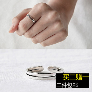 韩国定制极简设计S925纯银双层线条细线开口戒指 气质潮流食指戒