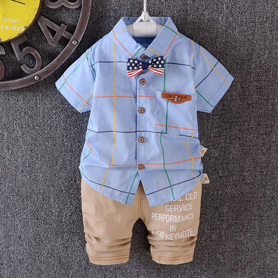 2016夏季新款男童宝宝1-4岁韩版短袖衬衫中长裤两件套装婴儿纯棉
