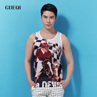 gueqi2015夏新款男韩版人物印花背心 圆领做旧破洞无袖青年上衣