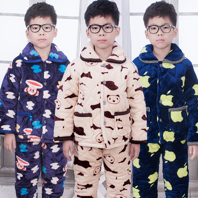 冬季法兰绒儿童睡衣加厚款夹棉男孩女童珊瑚绒宝宝男童家居服套装