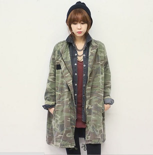 2014秋季新款韩国N9时尚做旧迷彩时尚女军大衣宽松休闲外套长风衣