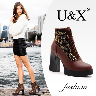 正品欧美性感U&X 2015时尚新款流行圆头粗跟超高跟女靴UX5Q063