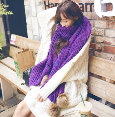 2015韩版新款纯色毛线球球围巾女士冬季保暖加厚超长可爱围脖