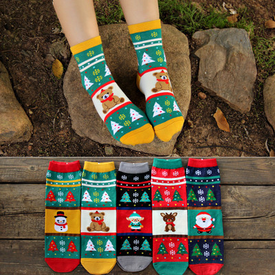 圣诞女袜中筒短袜 可爱圣诞秋冬季女卡通纯棉袜韩国全棉雪花个性