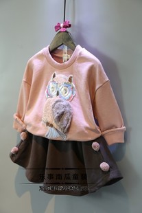 儿童套装2016女童秋季新款猫头鹰卫圆领衣T恤+毛球短裙休闲两件套