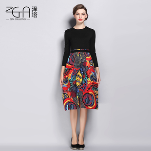 ZETA2015冬季新款修身印花打底连衣裙长袖加厚时尚高腰拼接中长款
