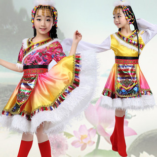 藏族舞蹈演出服装儿童女短款水袖少数民族舞蹈表演服西藏卓玛服装