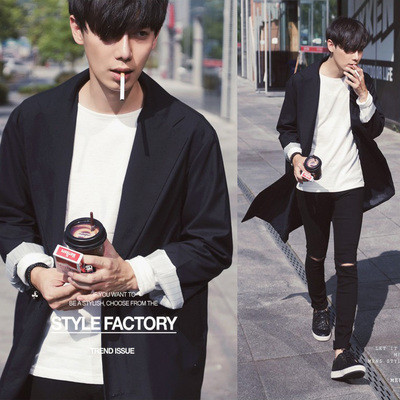 韩国东大门代购男装 西装领纯色外套韩版修身长款风衣男黑色秋季