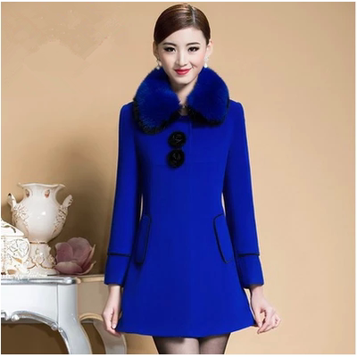 2015年外套新款 韩版中长款修身显瘦真狐狸毛领羊绒毛呢大衣