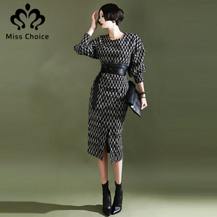 Miss Choice2015秋款气质包臀灯笼袖连衣裙  韩版七分袖两件套女