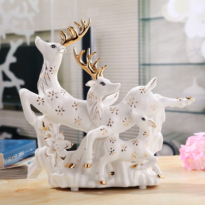 创意家居装饰品陶瓷工艺品电视柜客厅摆件摆设鹿结婚礼物三口之家