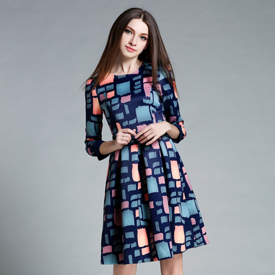 厂家直销2016秋季新款欧美秋装新品方格拼接显瘦连衣裙优质新品