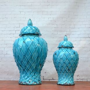 陶彩彩欧式简约蓝色陶瓷将军罐 地中海样板房软装饰品 新房工艺品